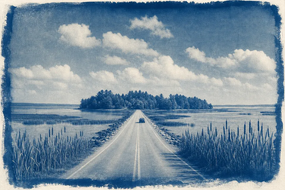 A low road crossing marshy water towards a wooded island