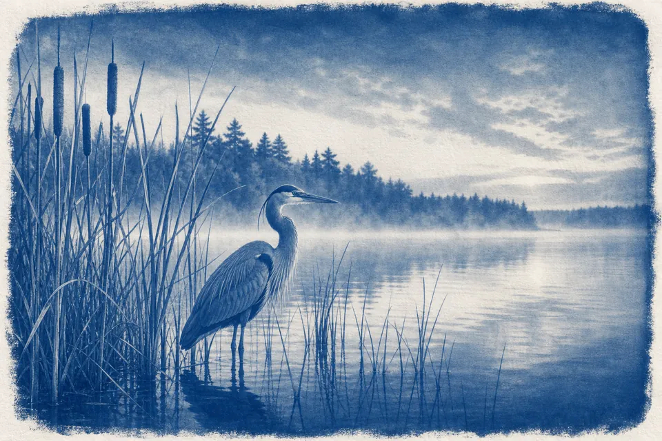 A heron standing in the reeds of a calm lake at dawn